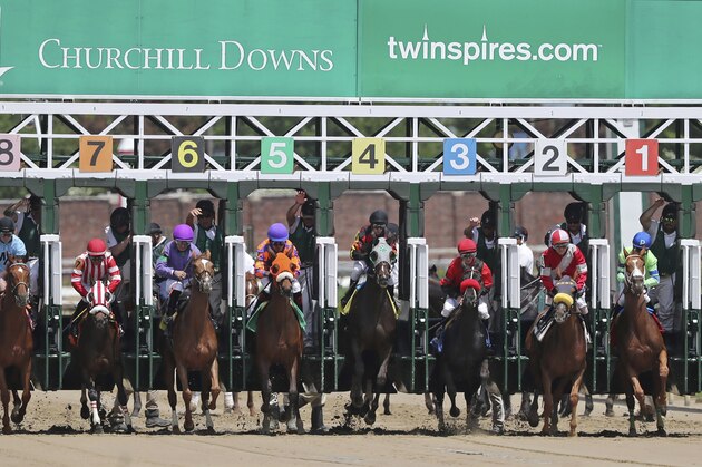 Horses break from the gate at Churchill Downs Thursday, May 2, 2019, in Louisville, Ky. The 145th running of the Kentucky Derby is scheduled for Saturday, May 4. (AP Photo/Gregory Payan)