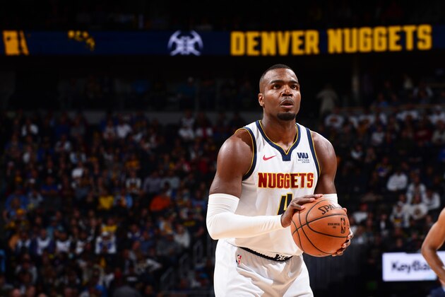 DENVER, CO - APRIL 29: Paul Millsap #4 of the Denver Nuggets shoots a free-throw against the Portland Trail Blazers during Game One of the Western Conference Semifinals of the 2019 NBA Playoffs on April 29, 2019 at the Pepsi Center in Denver, Colorado. NOTE TO USER: User expressly acknowledges and agrees that, by downloading and/or using this photograph, user is consenting to the terms and conditions of the Getty Images License Agreement. Mandatory Copyright Notice: Copyright 2019 NBAE (Photo by Bart Young/NBAE via Getty Images)