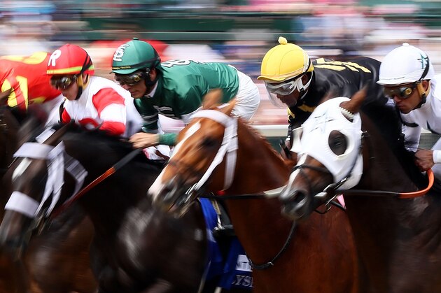 LOUISVILLE, KY - MAY 04:  Jockey Ricardo Santana, Jr. races Hence #2 alongside Joel Rosario aboard Good Samaritan #1, John Velazquez aboard Always Dreaming #3, and Irad Ortiz, Jr. aboard Backyard Heaven #4 during the Alysheba ahead of the 144th Kentucky Oaks at Churchill Downs on May 4, 2018 in Louisville, Kentucky.  (Photo by Jamie Squire/Getty Images)