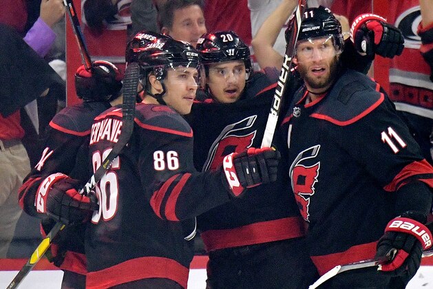RALEIGH, NORTH CAROLINA - MAY 03: Sebastian Aho #20 of the Carolina Hurricanes celebrates after scoring against the New York Islanders in the first period of Game Four of the Eastern Conference Second Round during the 2019 NHL Stanley Cup Playoffs at PNC Arena on May 03, 2019 in Raleigh, North Carolina. (Photo by Grant Halverson/Getty Images)