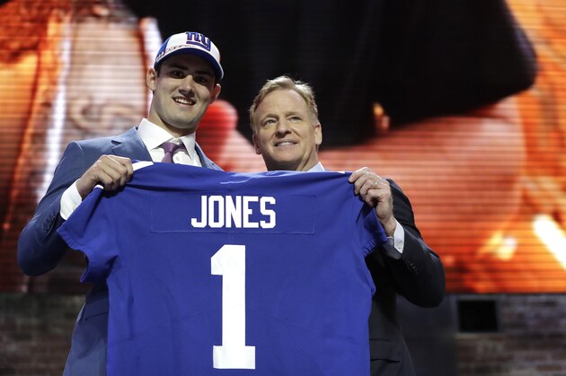 Duke quarterback Daniel Jones poses with NFL Commissioner Roger Goodell after the New York Giants selected Jones in the first round at the NFL football draft, Thursday, April 25, 2019, in Nashville, Tenn. (AP Photo/Mark Humphrey)