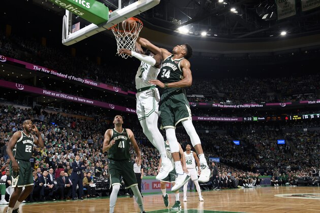 BOSTON, MA - MAY 3: Jaylen Brown #7 of the Boston Celtics dunks the ball against the Milwaukee Bucks during Game Three of the Eastern Conference Semifinals of the 2019 NBA Playoffs on May 3, 2019 at the TD Garden in Boston, Massachusetts. NOTE TO USER: User expressly acknowledges and agrees that, by downloading and/or using this photograph, user is consenting to the terms and conditions of the Getty Images License Agreement. Mandatory Copyright Notice: Copyright 2019 NBAE (Photo by Brian Babineau/NBAE via Getty Images)