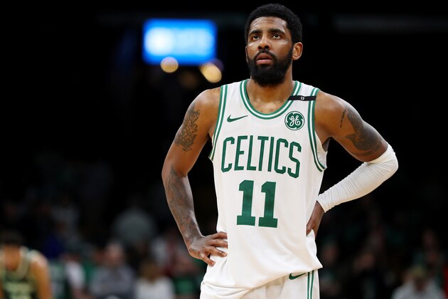 BOSTON, MASSACHUSETTS - MAY 03: Kyrie Irving #11 of the Boston Celtics looks on during the second half of Game 3 of the Eastern Conference Semifinals of the 2019 NBA Playoffs against the Milwaukee Bucks  at TD Garden on May 03, 2019 in Boston, Massachusetts. The Bucks defeat the Celtics 123 - 116.  (Photo by Maddie Meyer/Getty Images)
