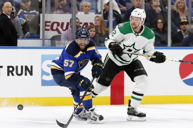 St. Louis Blues left wing David Perron (57) and Dallas Stars center Radek Faksa (12), of the Czech Republic, chase the puck during the third period in Game 5 of an NHL second-round hockey playoff series Friday, May 3, 2019, in St. Louis. (AP Photo/Jeff Roberson)