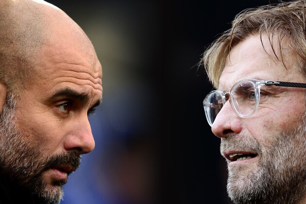 FILE PHOTO (EDITORS NOTE: COMPOSITE OF IMAGES - Image numbers 911384050,856402376 - GRADIENT ADDED) In this composite image a comparison has been made between Josep Guardiola, Manager of Manchester City (L) and Liverpool manager Jurgen Klopp. Manchester City and Liverpool FC meet in a Premier League fixture at the Etihad Stadium on January 3, 2019 in Manchester.    ***LEFT IMAGE*** CARDIFF, WALES - JANUARY 28: Josep Guardiola, Manager of Manchester City looks on prior to The Emirates FA Cup Fourth Round between Cardiff City and Manchester City on January 28, 2018 in Cardiff, United Kingdom. (Photo by Harry Trump/Getty Images) ***RIGHT IMAGE***  NEWCASTLE UPON TYNE, ENGLAND - OCTOBER 01: Liverpool manager Jurgen Klopp looks on during the Premier League match between Newcastle United and Liverpool at St. James Park on October 1, 2017 in Newcastle upon Tyne, England. (Photo by Ian MacNicol/Getty Images)