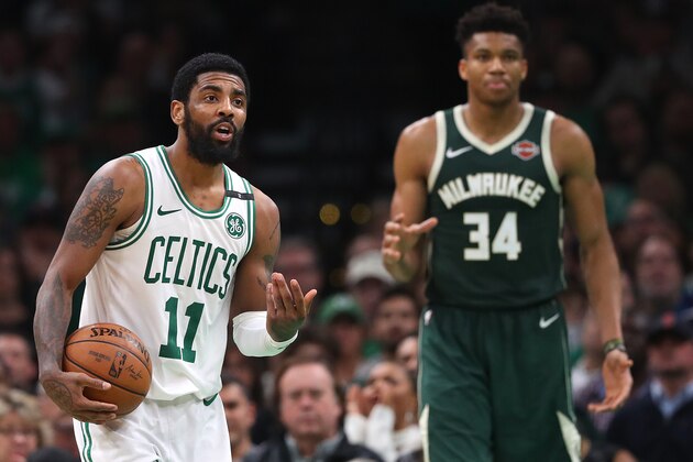 BOSTON, MASSACHUSETTS - MAY 03: Kyrie Irving #11 of the Boston Celtics disputes a foul called against the Celtics during the second half of Game 3 against the Milwaukee Bucks in the Eastern Conference Semifinals of the 2019 NBA Playoffs at TD Garden on May 03, 2019 in Boston, Massachusetts. The Bucks defeat the Celtics 123 - 116.  (Photo by Maddie Meyer/Getty Images)