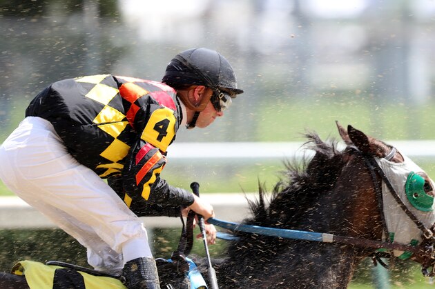 Jockey Florent Geroux races at Churchill Downs Thursday, May 2, 2019, in Louisville, Ky. Geroux will ride Roadster in the 145th running of the Kentucky Derby is scheduled for Saturday, May 4. (AP Photo/Gregory Payan)