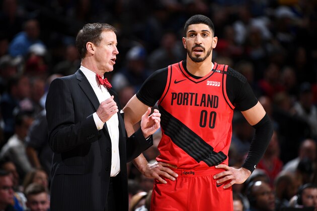 DENVER, CO - MAY 1: Head Coach Terry Stotts speaks with Enes Kanter #00 of the Portland Trail Blazers during Game Two of the Western Conference Semifinals of the 2019 NBA Playoffs against the Denver Nuggets  on May 1, 2019 at the Pepsi Center in Denver, Colorado. NOTE TO USER: User expressly acknowledges and agrees that, by downloading and/or using this photograph, user is consenting to the terms and conditions of the Getty Images License Agreement. Mandatory Copyright Notice: Copyright 2019 NBAE (Photo by Garrett Ellwood/NBAE via Getty Images)