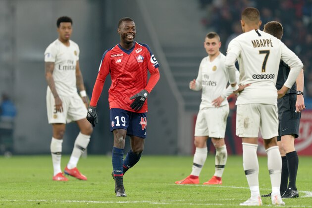 LILLE, FRANCE - APRIL 14: Lille's Nicolas Pepe celebrates after scoring goal during the Ligue 1 match between Paris Saint Germain and Lille OSC at Stade Pierre Mauroy on April 14, 2019 in Lille, France. (Photo by Sylvain Lefevre/Getty Images)