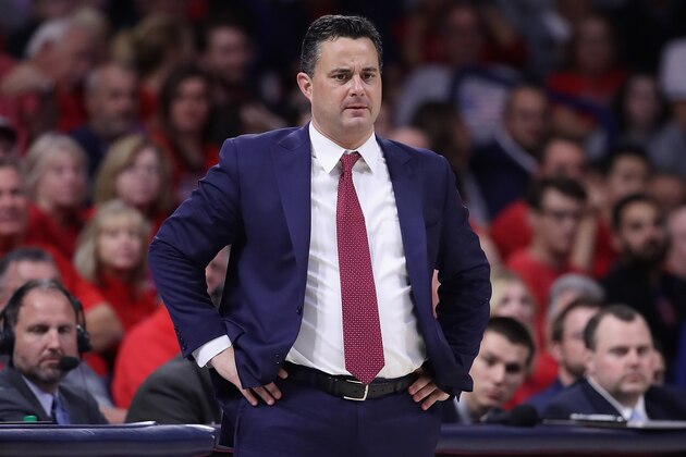 TUCSON, AZ - NOVEMBER 29:  Head coach Sean Miller of the Arizona Wildcats reacts during the first half of the college basketball game against the Georgia Southern Eagles at McKale Center on November 29, 2018 in Tucson, Arizona.  (Photo by Christian Petersen/Getty Images)