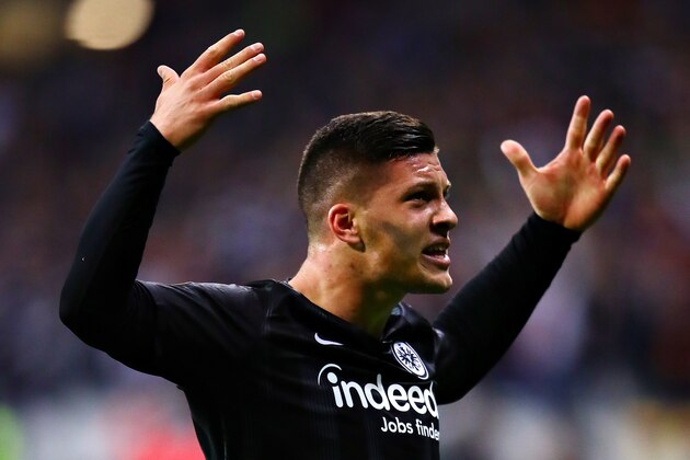 FRANKFURT AM MAIN, GERMANY - MAY 02: Luka Jovic of Eintracht Frankfurt celebrates scoring the opening goal during the UEFA Europa League Semi Final First Leg match between Eintracht Frankfurt and Chelsea at Commerzbank-Arena on May 02, 2019 in Frankfurt am Main, Germany. (Photo by Chris Brunskill/Fantasista/Getty Images)