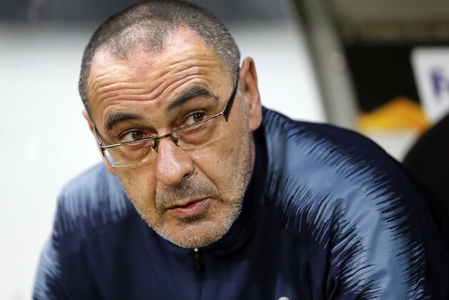 Chelsea's coach Maurizio Sarri attends the Uefa Europa League, first leg semifinal soccer match between Eintracht Frankfurt and FC Chelsea in the Commerzbank Arena in Frankfurt, Germany, Thursday, May 2, 2019. (AP Photo/Michael Probst)