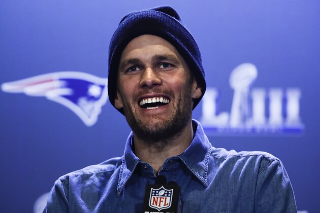 New England Patriots quarterback Tom Brady speaks with members of the media during a news conference Thursday, Jan. 31, 2019, ahead of the NFL Super Bowl 53 football game against Los Angeles Rams in Atlanta. (AP Photo/Matt Rourke)