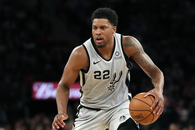 San Antonio Spurs forward Rudy Gay (22) dribbles during the second half of an NBA basketball game in New York, Sunday, Feb. 24, 2019. The Knicks defeated the Spurs 130-118, avoiding tying an NBA record for home losses. (AP Photo/Kathy Willens)