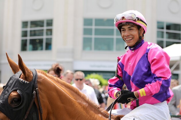 Jockey Irad Ortiz, Jr. seen at Churchill Downs Thursday, May 2, 2019, in Louisville, Ky. Ortiz will ride Improbable in the 145th running of the Kentucky Derby, scheduled for Saturday, May 4. (AP Photo/Gregory Payan)