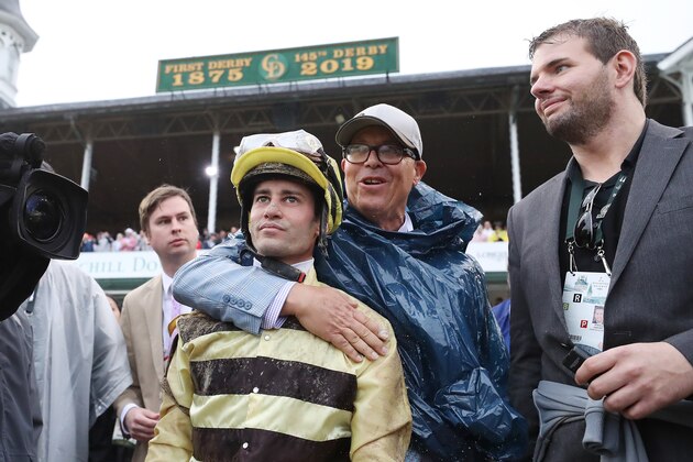 LOUISVILLE, KENTUCKY - MAY 04: Jockey Flavien Prat celebrates after Country House #20 won the 145th running of the Kentucky Derby at Churchill Downs on May 04, 2019 in Louisville, Kentucky. (Photo by Jamie Squire/Getty Images)