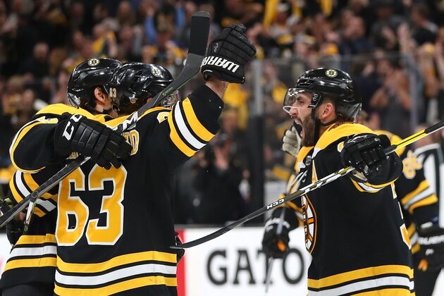 BOSTON, MASSACHUSETTS - MAY 04: Brad Marchand #63 of the Boston Bruins celebrates with Patrice Bergeron #37 after scoring a goal against the Columbus Blue Jackets during the third period of Game Five of the Eastern Conference Second Round during the 2019 NHL Stanley Cup Playoffs at TD Garden on May 04, 2019 in Boston, Massachusetts. The Bruins defeat the Blue Jackets 4-3.  (Photo by Maddie Meyer/Getty Images)