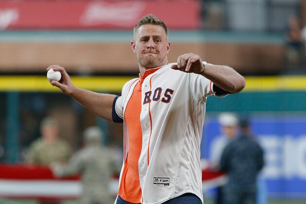 HOUSTON, TX - APRIL 29: J.J. Watt of the Houston Texans throws out the first pitch at Minute Maid Park on April 29, 2017 in Houston, Texas. (Photo by Bob Levey/Getty Images)