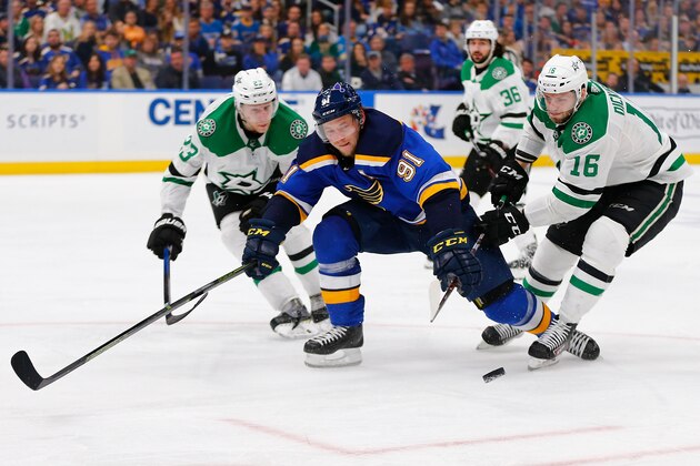 ST. LOUIS, MO - MAY 3: Jason Dickinson #16 of the Dallas Stars poke checks Vladimir Tarasenko #91 of the St. Louis Blues in Game Five of the Western Conference Second Round during the 2019 NHL Stanley Cup Playoffs at the Enterprise Center on May 3, 2019 in St. Louis, Missouri. (Photo by Dilip Vishwanat/Getty Images)