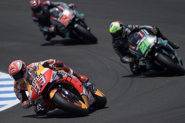 Repsol Honda Team's Spanish rider Marc Marquez leads the race after the start of the MotoGP race of the Spanish Grand Prix at the Jerez - Angel Nieto circuit in Jerez de la Frontera on May 5, 2019. (Photo by JORGE GUERRERO / AFP)        (Photo credit should read JORGE GUERRERO/AFP/Getty Images)
