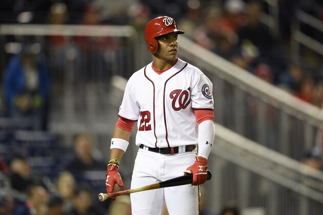 Washington Nationals' Juan Soto stands on the field during a baseball game against the St. Louis Cardinals, Monday, April 29, 2019, in Washington. (AP Photo/Nick Wass)