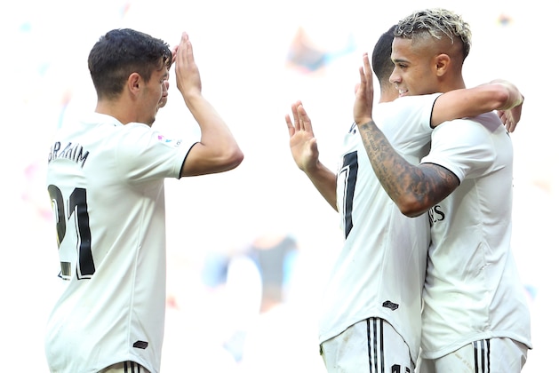 MADRID, SPAIN - MAY 05:  Mariano of Real Madrid celebrates after scoring his team's third goal with Lucas Vazquez and Brahim Diaz during the La Liga match between Real Madrid CF and Villarreal CF at Estadio Santiago Bernabeu on May 05, 2019 in Madrid, Spain. (Photo by Angel Martinez/Getty Images)