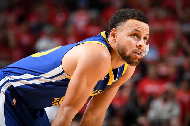 HOUSTON, TX - MAY 4: Stephen Curry #30 of the Golden State Warriors looks on against the Houston Rockets during Game Three of the Western Conference Semifinals of the 2019 NBA Playoffs on May 4, 2019 at the Toyota Center in Houston, Texas. NOTE TO USER: User expressly acknowledges and agrees that, by downloading and/or using this photograph, user is consenting to the terms and conditions of the Getty Images License Agreement. Mandatory Copyright Notice: Copyright 2019 NBAE (Photo by Andrew D. Bernstein/NBAE via Getty Images)