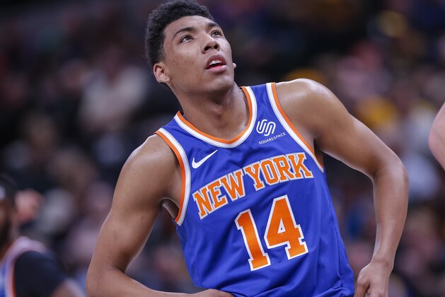 INDIANAPOLIS, IN - MARCH 12: Allonzo Trier #14 of the New York Knicks is seen during the game against the Indiana Pacers at Bankers Life Fieldhouse on March 12, 2019 in Indianapolis, Indiana. NOTE TO USER: User expressly acknowledges and agrees that, by downloading and or using this photograph, User is consenting to the terms and conditions of the Getty Images License Agreement. (Photo by Michael Hickey/Getty Images)