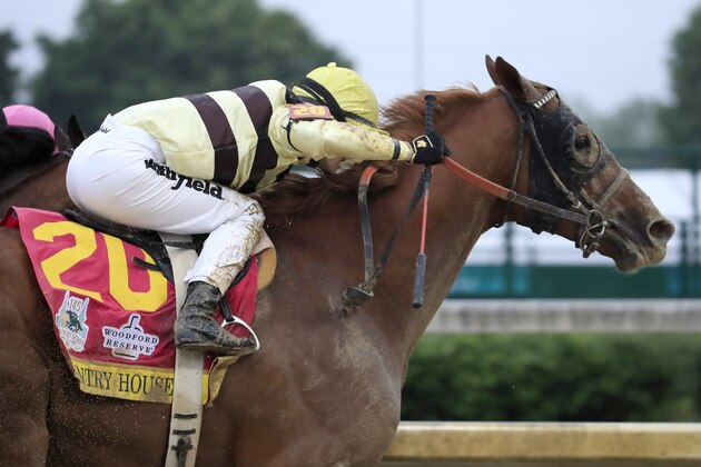 LOUISVILLE, KENTUCKY - MAY 04: Country House #20, ridden by jockey Flavien Prat, heads down the stretch on his way to winning the 145th running of the Kentucky Derby at Churchill Downs on May 04, 2019 in Louisville, Kentucky. Country House #20 was declared the winner after a stewards review disqualified Maximum Security #7. (Photo by Andy Lyons/Getty Images)