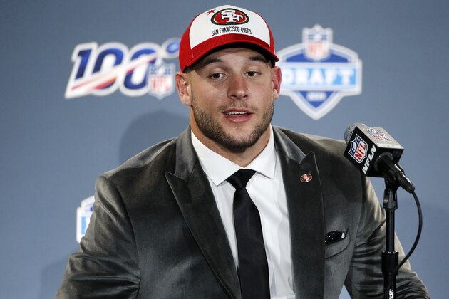 NASHVILLE, TN - APRIL 25: Nick Bosa of Ohio State speaks to the media after being selected as the second pick in the first round of the NFL Draft by the San Francisco 49ers on April 25, 2019 in Nashville, Tennessee. (Photo by Joe Robbins/Getty Images)