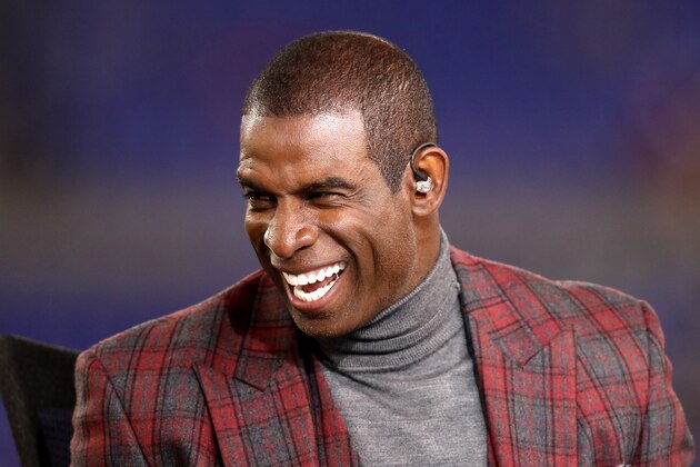 BALTIMORE, MD - OCTOBER 26: NFL Network analyst Deion Sanders appears on set during the Baltimore Ravens and Miami Dolphins game at M&T Bank Stadium on October 26, 2017 in Baltimore, Maryland. (Photo by Rob Carr/Getty Images)