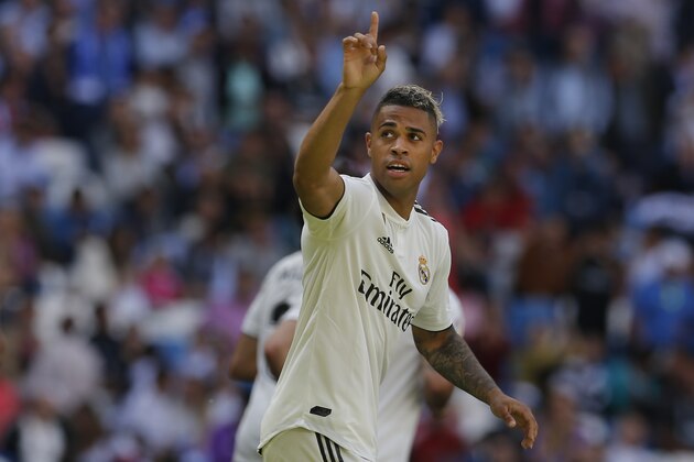 Real Madrid's Mariano Diaz celebrates after scoring his side's 3rd goal during a Spanish La Liga soccer match between Real Madrid and Villarreal at the Santiago Bernabeu stadium in Madrid, Spain, Sunday, May 5, 2019. (AP Photo/Paul White)
