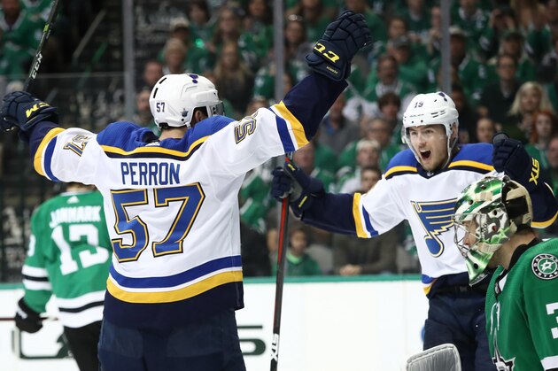 DALLAS, TEXAS - MAY 05:  David Perron #57 of the St. Louis Blues celebrates against the Dallas Stars during the second period of Game Six of the Western Conference Second Round of the 2019 NHL Stanley Cup Playoffs at American Airlines Center on May 5, 2019 in Dallas, Texas. (Photo by Ronald Martinez/Getty Images)