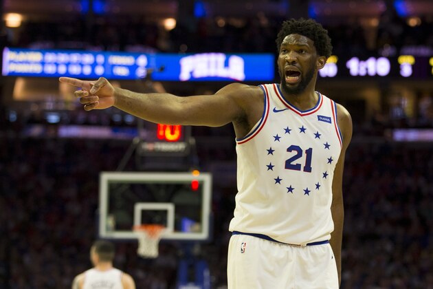 PHILADELPHIA, PA - MAY 05: Joel Embiid #21 of the Philadelphia 76ers points against the Toronto Raptors in the third quarter of Game Four of the Eastern Conference Semifinals at the Wells Fargo Center on May 5, 2019 in Philadelphia, Pennsylvania. The Raptors defeated the 76ers 101-96. NOTE TO USER: User expressly acknowledges and agrees that, by downloading and or using this photograph, User is consenting to the terms and conditions of the Getty Images License Agreement. (Photo by Mitchell Leff/Getty Images)