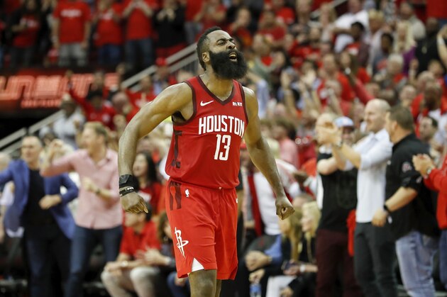 HOUSTON, TX - MAY 04:  James Harden #13 of the Houston Rockets reacts after  Game Three of the Second Round of the 2019 NBA Western Conference Playoffs against the Golden State Warriors at Toyota Center on May 4, 2019 in Houston, Texas.  NOTE TO USER: User expressly acknowledges and agrees that, by downloading and or using this photograph, User is consenting to the terms and conditions of the Getty Images License Agreement.  (Photo by Tim Warner/Getty Images)