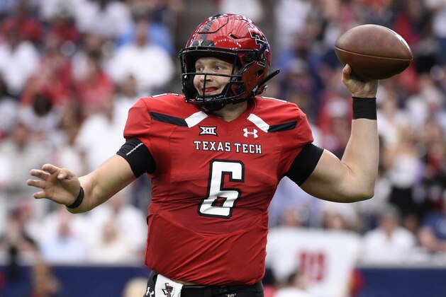Texas Tech quarterback McLane Carter throws a pass during the first half of a college football game against Mississippi, Saturday, Sept. 1, 2018, in Houston. (AP Photo/Eric Christian Smith)