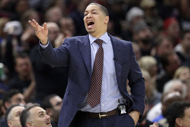 Cleveland Cavaliers head coach Tyronn Lue yells instructions to players in the first half of Game 7 of an NBA basketball first-round playoff series against the Indiana Pacers, Sunday, April 29, 2018, in Cleveland. (AP Photo/Tony Dejak)