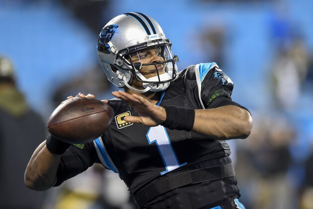 Carolina Panthers quarterback Cam Newton warms up prior to the start of an NFL football game against the New Orleans Saints in Charlotte, N.C., Monday, Dec. 17, 2018. (AP Photo/Mike McCarn)