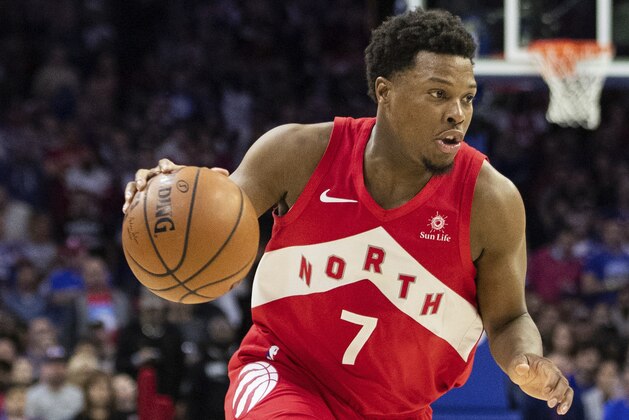 Toronto Raptors' Kyle Lowry in action during the second half of Game 4 of a second-round NBA basketball playoff series against the Philadelphia 76ers, Sunday, May 5, 2019, in Philadelphia. Raptors won 101-96. (AP Photo/Chris Szagola)