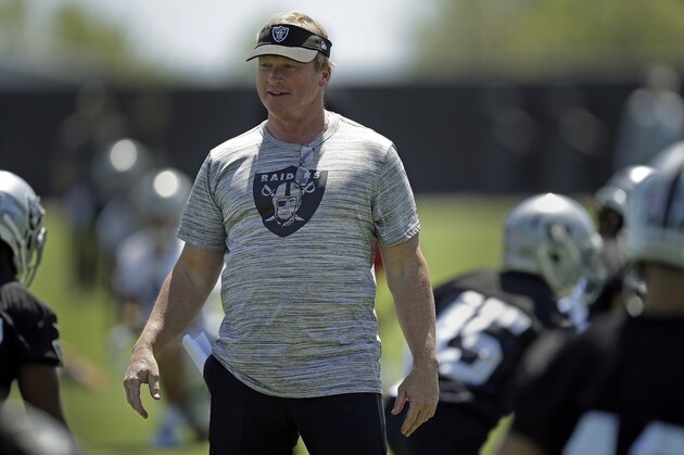 Oakland Raiders coach Jon Gruden watches during NFL football practice on Friday, May 3, 2019, at the team's training facility in Alameda, Calif. (AP Photo/Ben Margot)