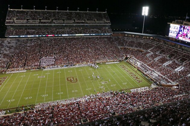 Oklahoma faces Louisiana Monroe in the third quarter of an NCAA college football game in Norman, Okla., during their home opener in their newly renovated stadium, Saturday, Sept. 10, 2016. The south end of the Gaylord Family-Oklahoma Memorial Stadium,  right, has been enclosed and is now a complete bowl. (AP Photo/Sue Ogrocki)