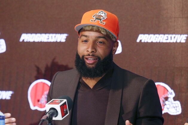 In this April 1, 2019 photo Cleveland Browns' Odell Beckham answers questions during a news conference in Berea, Ohio. Browns coach Freddie Kitchens says he’s not upset with star receiver Odell Beckham’s absence from the team’s voluntary offseason workout program. (AP Photo/Ron Schwane)