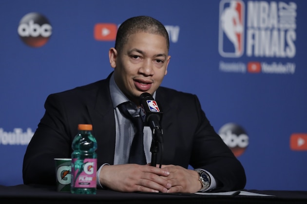 Cleveland Cavaliers coach Tyronn Lue speaks after the Golden State Warriors defeated the Cavaliers 108-85 in Game 4 of basketball's NBA Finals to win the NBA championship, Friday, June 8, 2018, in Cleveland. (AP Photo/Tony Dejak)
