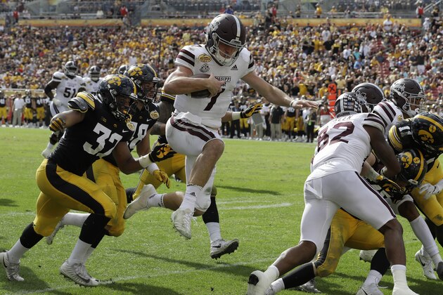 Mississippi State quarterback Nick Fitzgerald (7) scores on a 33-yard touchdown run against Iowa during the second half of the Outback Bowl NCAA college football game Tuesday, Jan. 1, 2019, in Tampa, Fla. (AP Photo/Chris O'Meara)