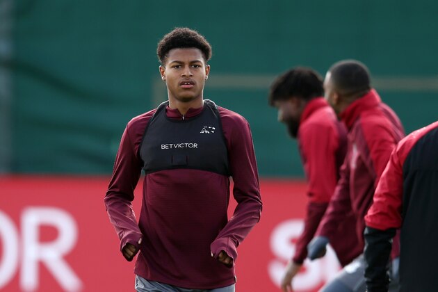 LIVERPOOL, ENGLAND - MAY 06: Rhian Brewster of Liverpool looks on during a training session ahead of their UEFA Champions League second leg semi finals match against Barcelona at Melwood on May 06, 2019 in Liverpool, England. (Photo by Jan Kruger/Getty Images)