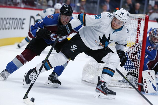 San Jose Sharks right wing Timo Meier, right, struggles to control the puck as Colorado Avalanche defenseman Erik Johnson covers in the second period of Game 6 of an NHL hockey second-round playoff series, Monday, May 6, 2019, in Denver. (AP Photo/Jack Dempsey)