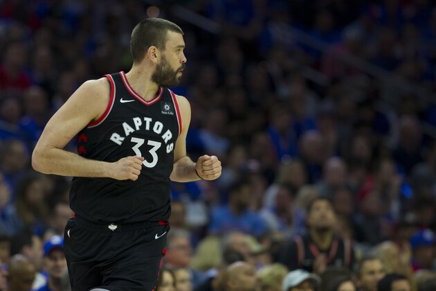 PHILADELPHIA, PA - MAY 02: Marc Gasol #33 of the Toronto Raptors looks on against the Philadelphia 76ers in Game Three of the Eastern Conference Semifinals at the Wells Fargo Center on May 2, 2019 in Philadelphia, Pennsylvania. The 76ers defeated the Raptors 116-95. NOTE TO USER: User expressly acknowledges and agrees that, by downloading and or using this photograph, User is consenting to the terms and conditions of the Getty Images License Agreement. (Photo by Mitchell Leff/Getty Images)