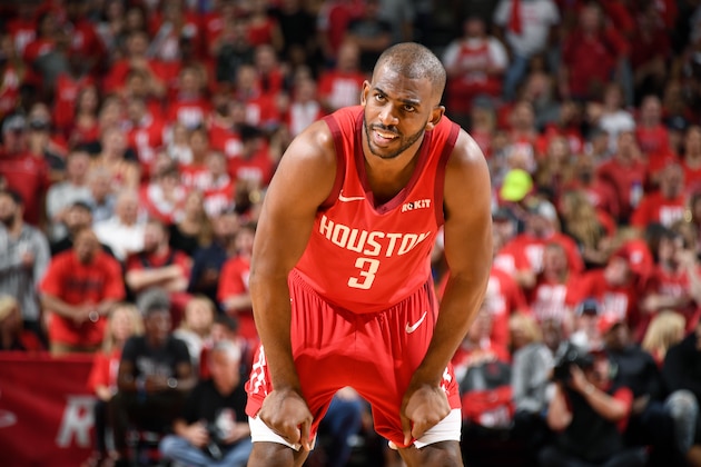 HOUSTON, TX - MAY 6: Chris Paul #3 of the Houston Rockets looks on against the Golden State Warriors during Game Four of the Western Conference Semifinals of the 2019 NBA Playoffs on May 6, 2019 at the Toyota Center in Houston, Texas. NOTE TO USER: User expressly acknowledges and agrees that, by downloading and/or using this photograph, user is consenting to the terms and conditions of the Getty Images License Agreement. Mandatory Copyright Notice: Copyright 2019 NBAE (Photo by Andrew D. Bernstein/NBAE via Getty Images) HOUSTON, TX - MAY 6: Chris Paul #3 of the Houston Rockets looks on against the Golden State Warriors during Game Four of the Western Conference Semifinals of the 2019 NBA Playoffs on May 6, 2019 at the Toyota Center in Houston, Texas. NOTE TO USER: User expressly acknowledges and agrees that, by downloading and/or using this photograph, user is consenting to the terms and conditions of the Getty Images License Agreement. Mandatory Copyright Notice: Copyright 2019 NBAE (Photo by Andrew D. Bernstein/NBAE via Getty Images)