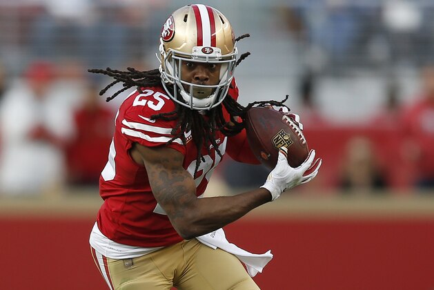 San Francisco 49ers defensive back Richard Sherman (25) runs with the ball against the Chicago Bears during the second half of an NFL football game in Santa Clara, Calif., Sunday, Dec. 23, 2018. The play was called back and the Bears retained possession. (AP Photo/D. Ross Cameron)