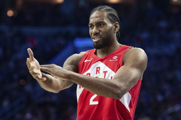 Toronto Raptors' Kawhi Leonard reacts during the first half of Game 4 of a second-round NBA basketball playoff series against the Philadelphia 76ers, Sunday, May 5, 2019, in Philadelphia. Raptors won 101-96. (AP Photo/Chris Szagola)